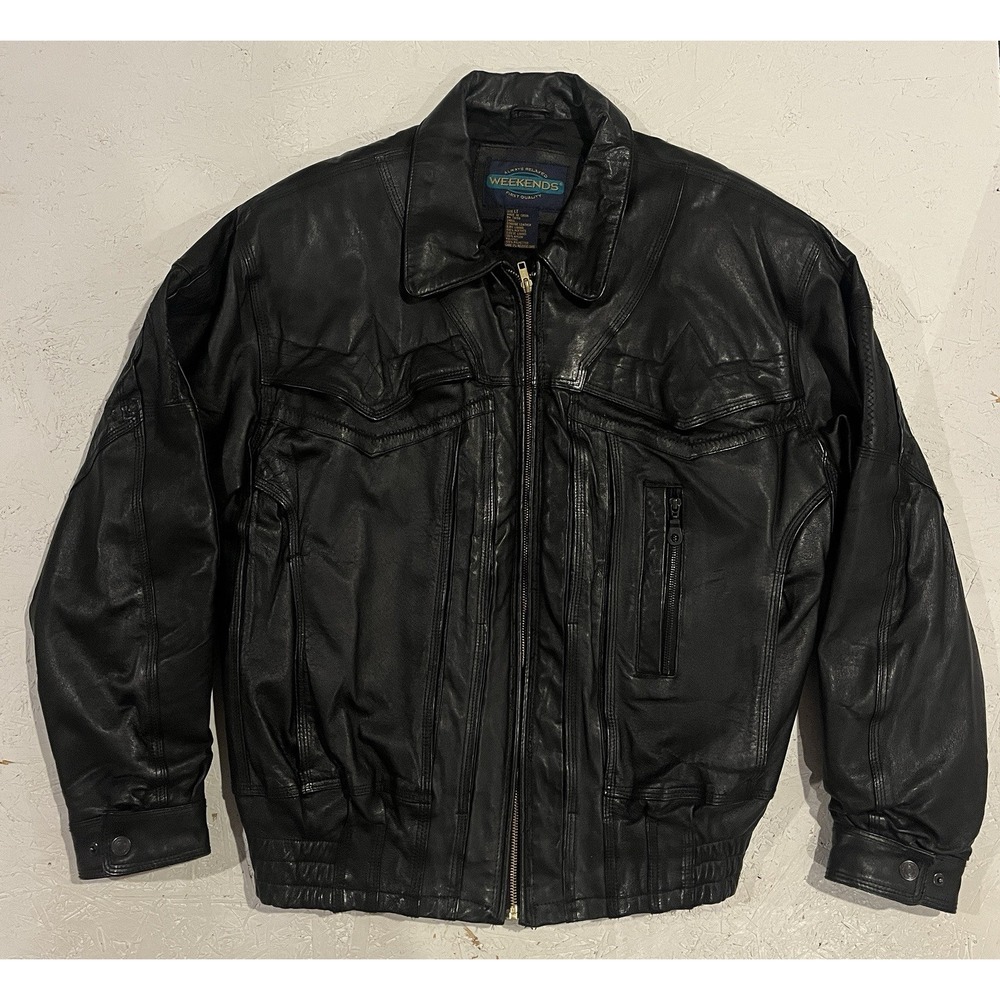 Vintage Men's Black Zip Up Large Tall‎ Heavy Duty Leather Bomber Jacket Weekends